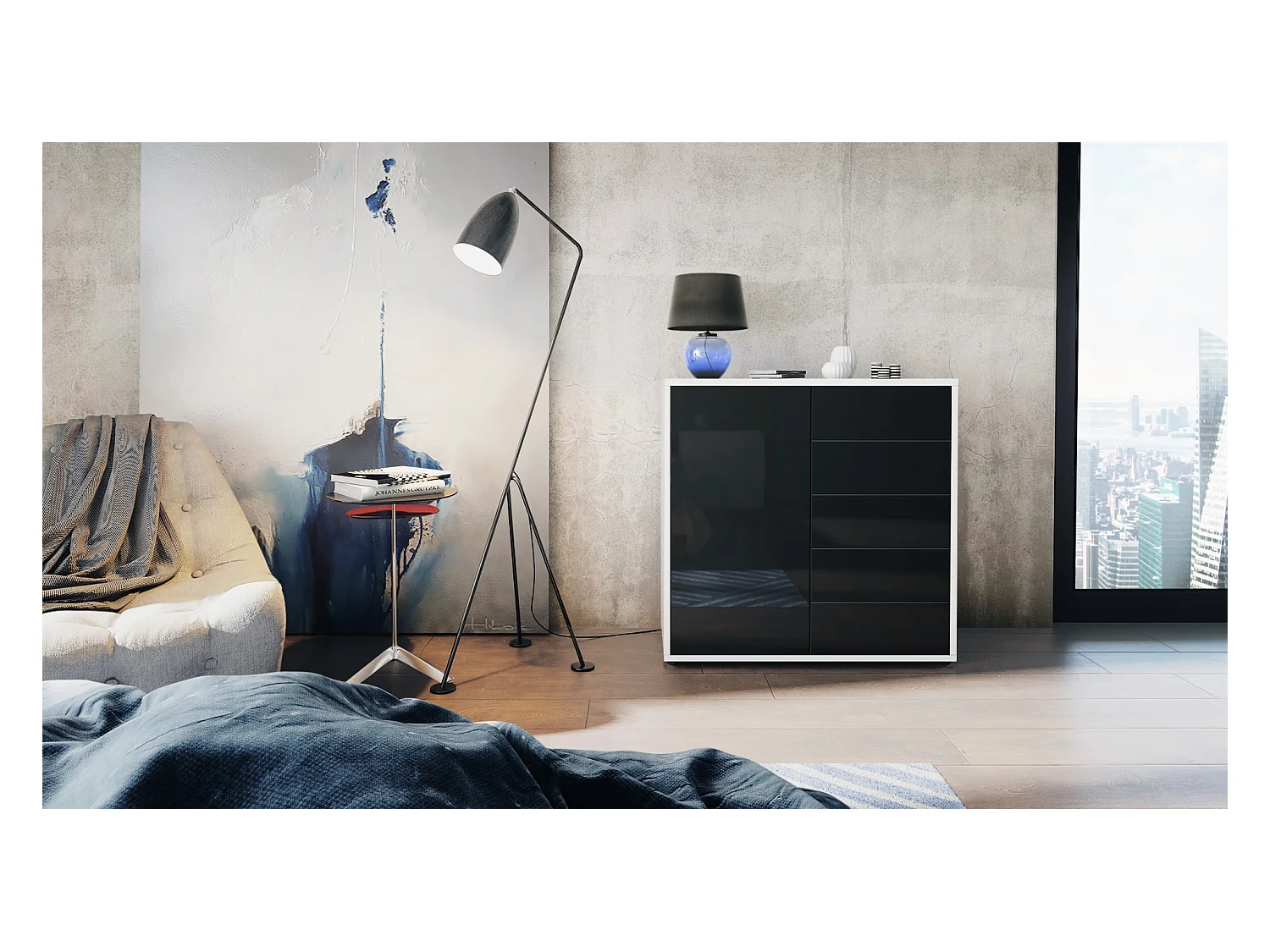 Buffet Ben V2, Commode avec 1 portes et 5 tiroirs, Blanc mat/Noir haute brillance (79 x 74 x 36 cm)