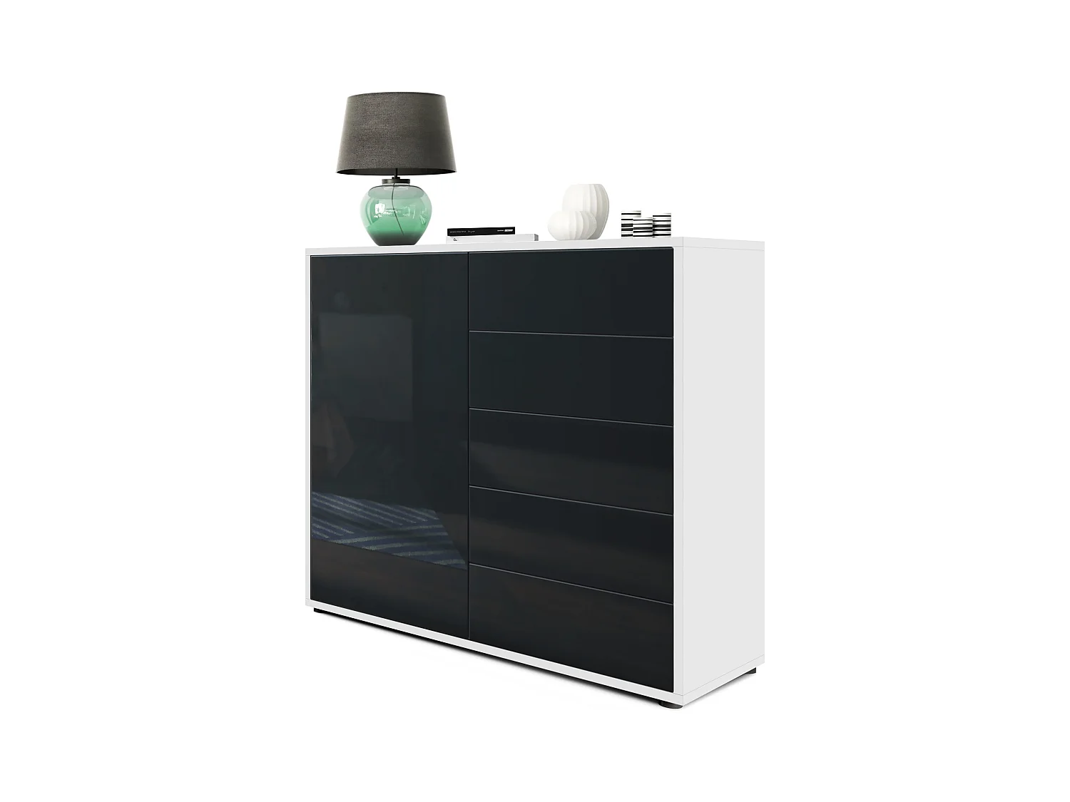 Buffet Ben V2, Commode avec 1 portes et 5 tiroirs, Blanc mat/Noir haute brillance (79 x 74 x 36 cm)