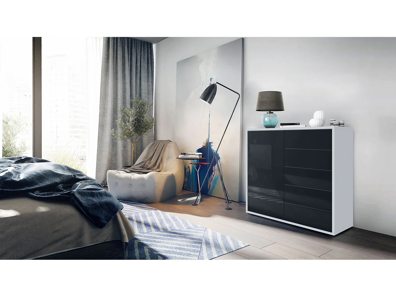 Buffet Ben V2, Commode avec 1 portes et 5 tiroirs, Blanc mat/Noir haute brillance (79 x 74 x 36 cm)