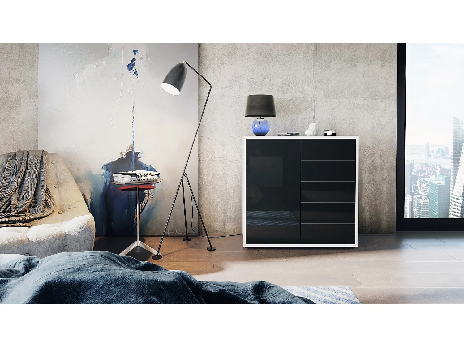 Buffet Ben V2, Commode avec 1 portes et 5 tiroirs, Blanc mat/Noir haute brillance (79 x 74 x 36 cm)