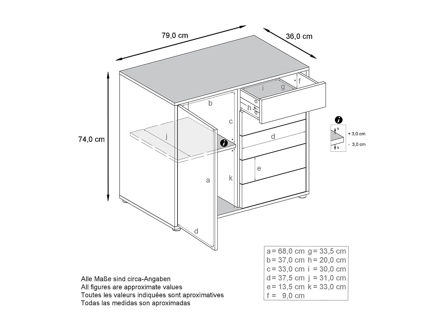 Buffet Ben V2, Commode avec 1 portes et 5 tiroirs, Blanc mat/Noir haute brillance (79 x 74 x 36 cm)