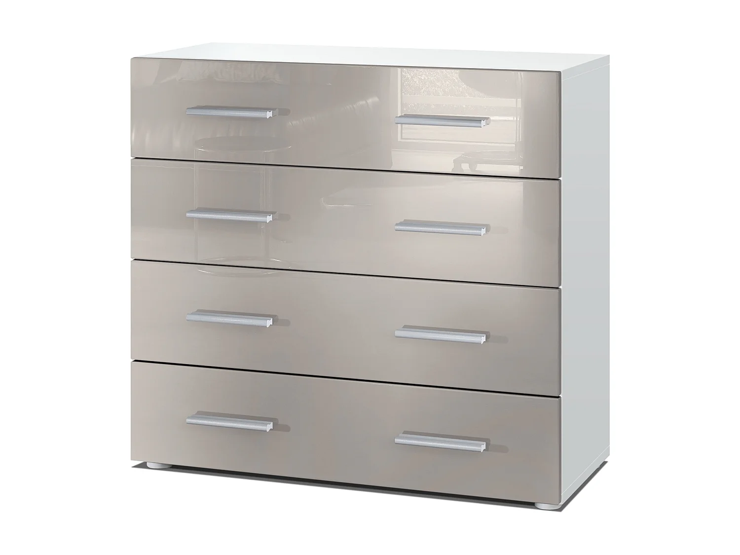 Buffet Pavos, Commode avec 4 tiroirs, blanc mat/gris sable haute brillance (76 x 72 x 35 cm)