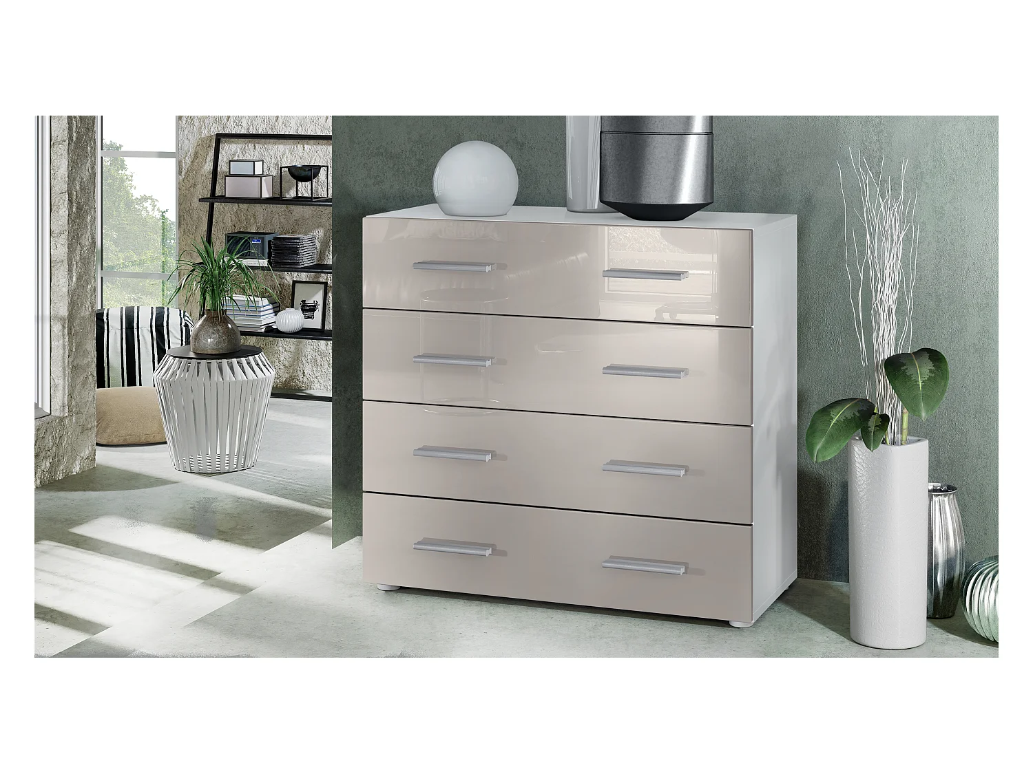 Buffet Pavos, Commode avec 4 tiroirs, blanc mat/gris sable haute brillance (76 x 72 x 35 cm)