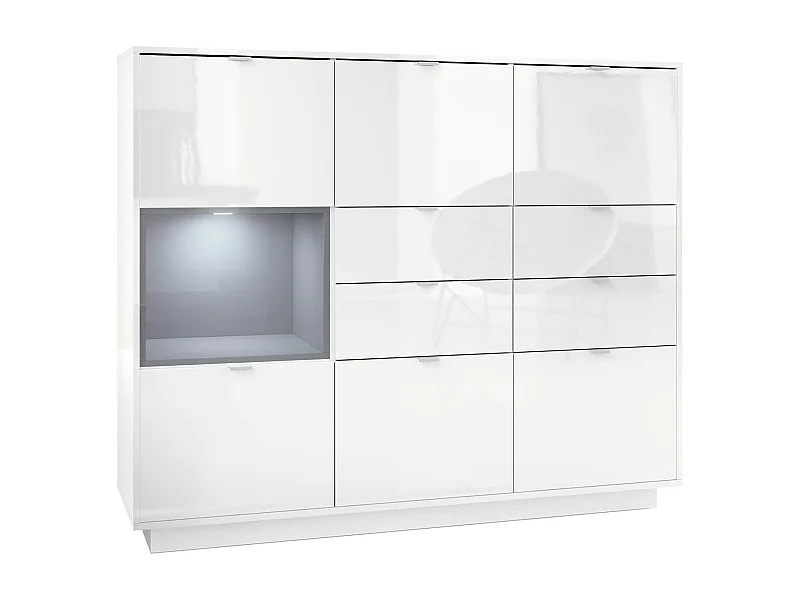 Credenza Metro V2, struttura in bianco lucido / frontale in bianco lucido con inserto in grigio lucido, illuminazione a LED inclusa.