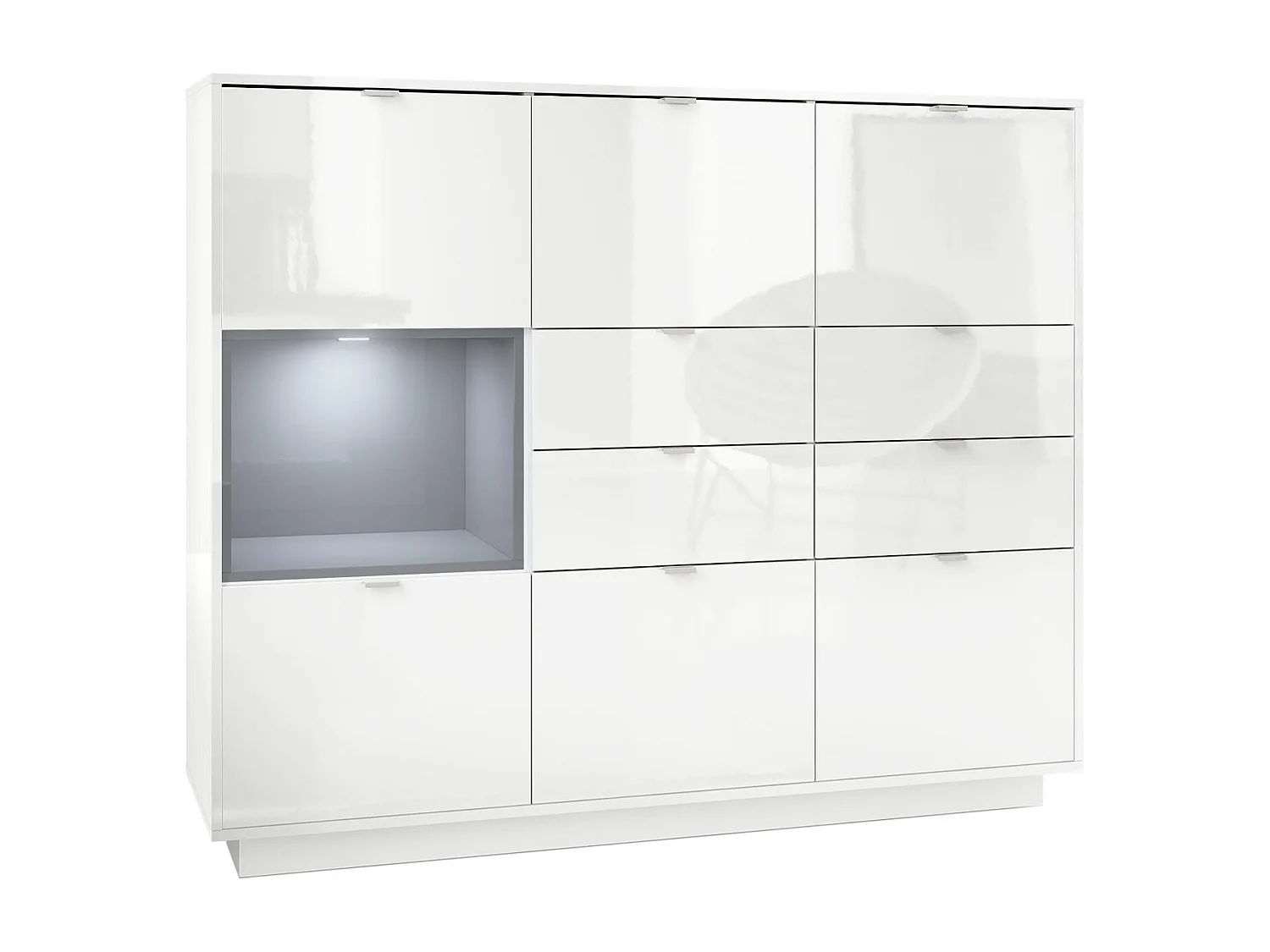 Buffet haut Armoire Metro V2, Corps en Blanc haute brillance / Façades en Blanc haute brillance avec une insertion en Gris haute brillance, incl. L'éclairage LED
