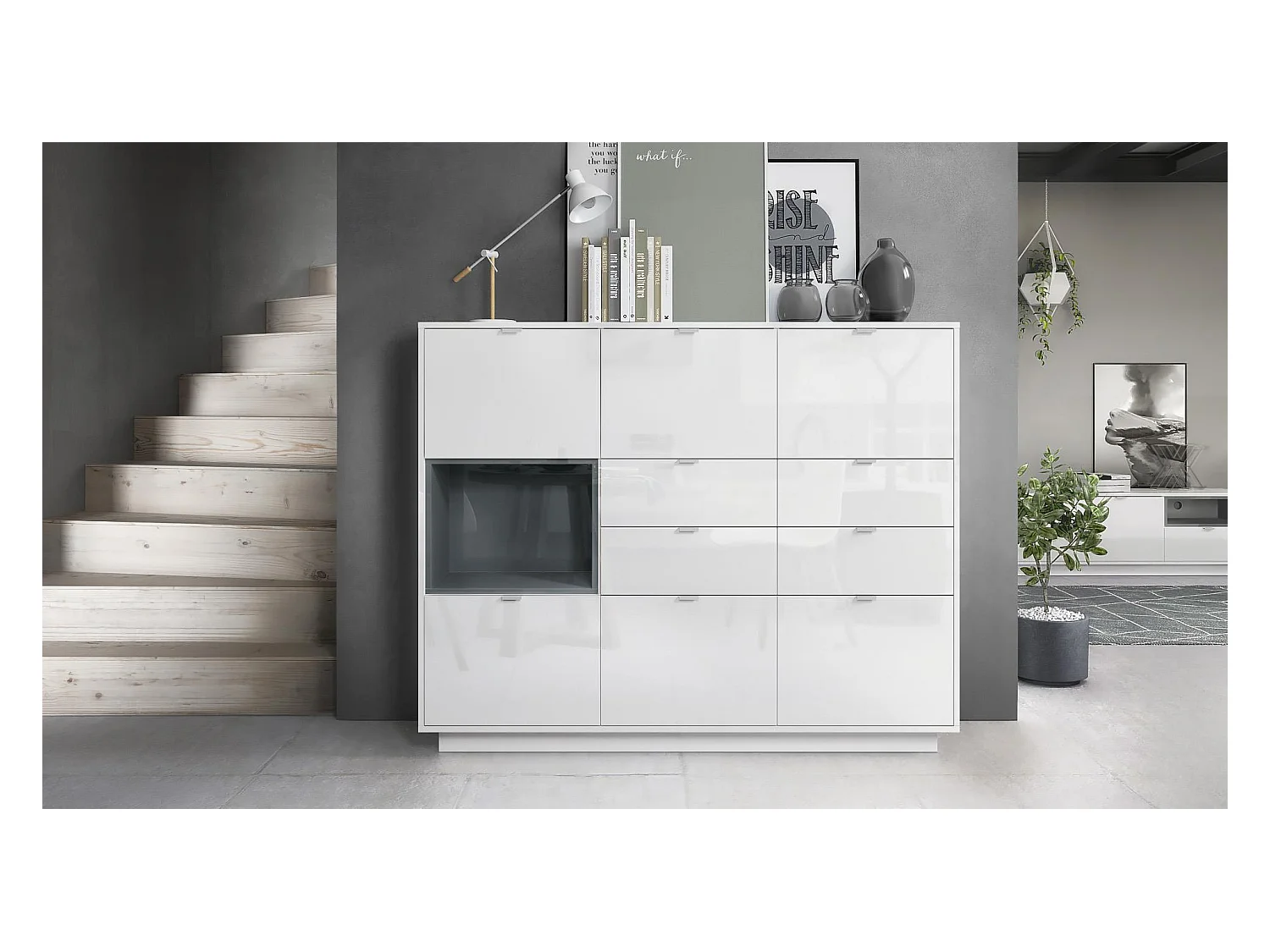 Buffet haut Armoire Metro V2, Corps en Blanc haute brillance / Façades en Blanc haute brillance avec une insertion en Gris haute brillance, incl. L'éclairage LED