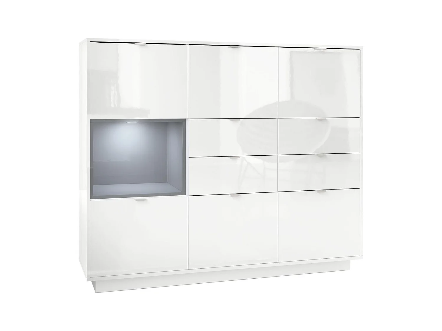 Buffet haut Armoire Metro V2, Corps en Blanc haute brillance / Façades en Blanc haute brillance avec une insertion en Gris haute brillance, incl. L'éclairage LED