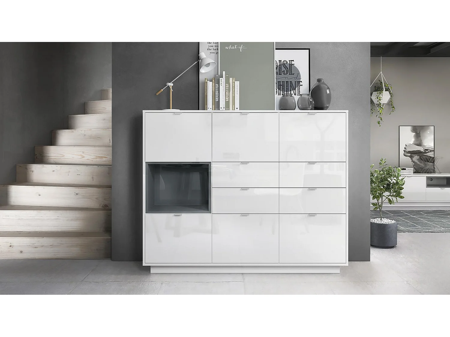Credenza Metro V2, struttura in bianco lucido / frontale in bianco lucido con inserto in grigio lucido, illuminazione a LED inclusa.