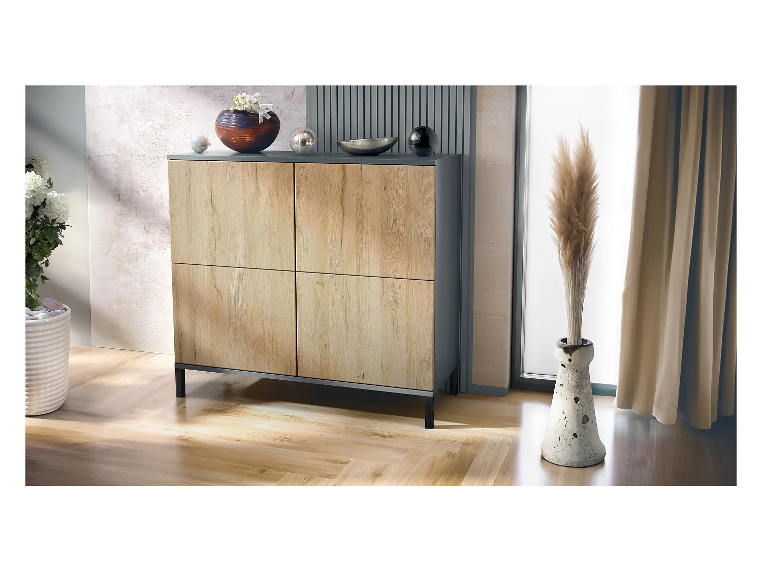 Buffet Rova V3 – Meuble de cuisine moderne avec 4 portes Push-to-Open anthracite mat / chêne nature (92,5 x 83.5 x 35)