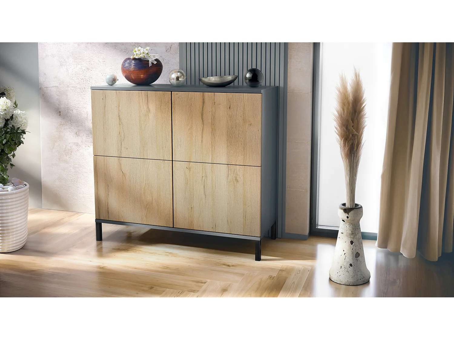 Credenza Rova V3 – Mobile da cucina moderno con 4 ante Push-to-Open antracite opaco  / rovere naturale (92,5 x 83.5 x 35)
