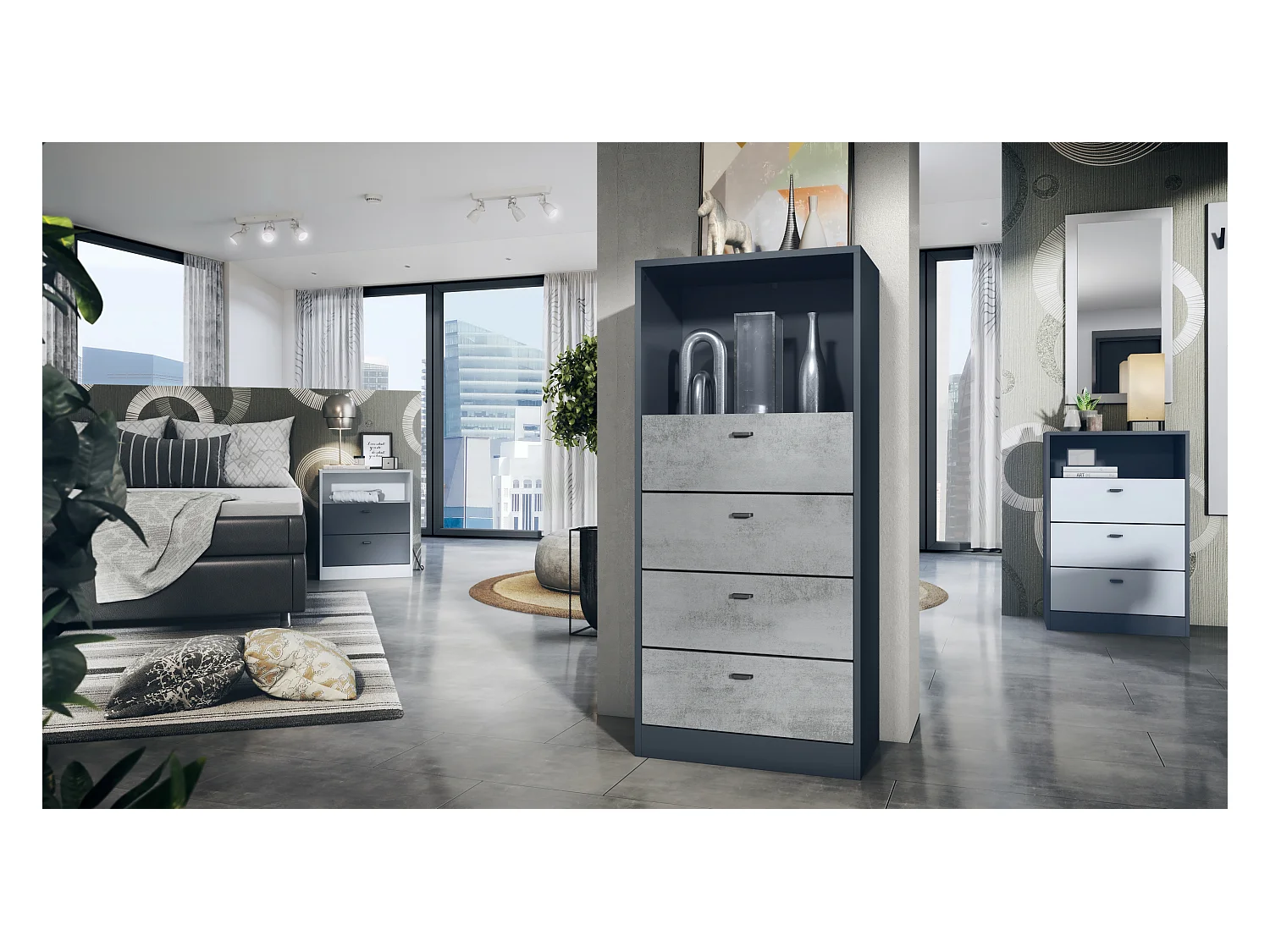 Commode Buffet Pino V3, avec 4 tiroirs & 1 compartiment ouvert, Anthracite mat/Aspect Béton Oxyde sans LED (56 x 125 x 36 cm)