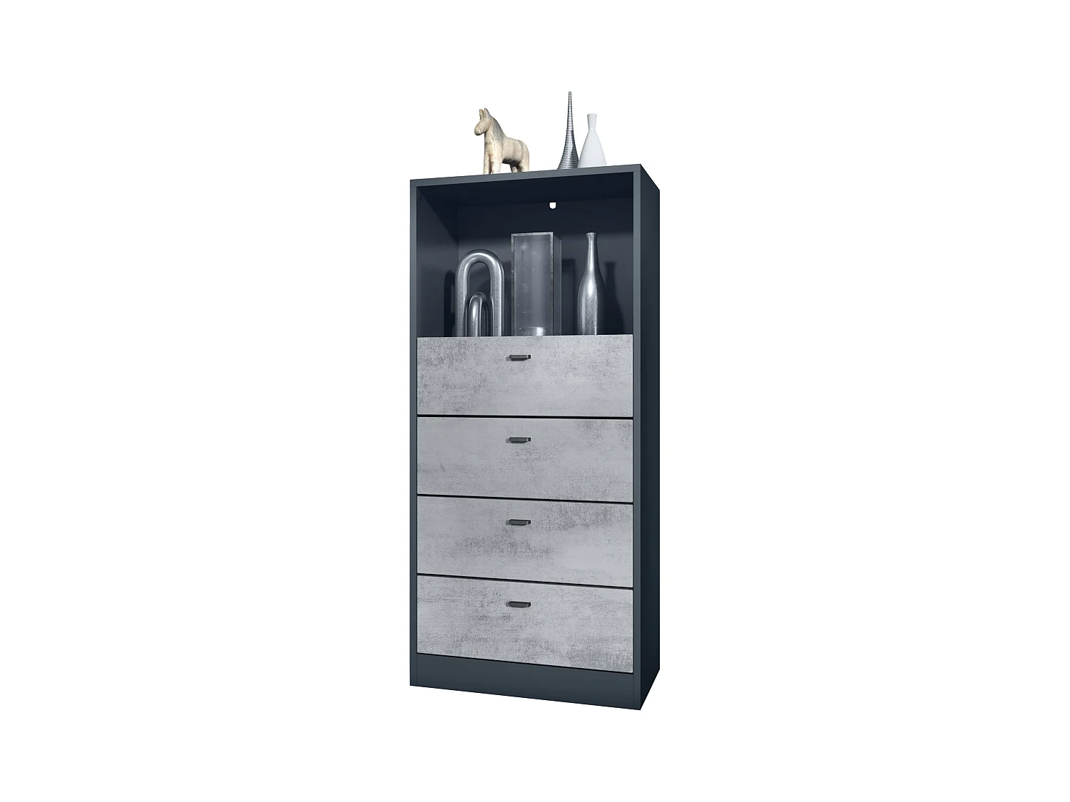 Commode Buffet Pino V3, avec 4 tiroirs & 1 compartiment ouvert, Anthracite mat/Aspect Béton Oxyde sans LED (56 x 125 x 36 cm)