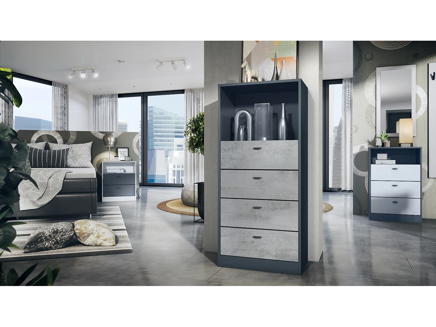 Cassettiera Pino V3, Credenza con 4 cassetti e 1 vano a giorno, antracite/ossido di grigio cemento senza LED (56 x 125 x 36 cm)