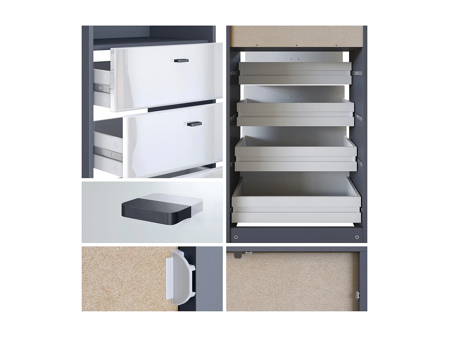 Cassettiera Pino V3, Credenza con 4 cassetti e 1 vano a giorno, antracite/ossido di grigio cemento senza LED (56 x 125 x 36 cm)