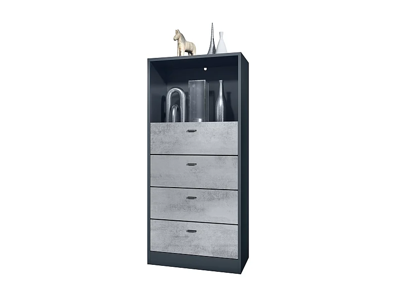 Commode Buffet Pino V3, avec 4 tiroirs & 1 compartiment ouvert, Anthracite mat/Aspect Béton Oxyde sans LED (56 x 125 x 36 cm)
