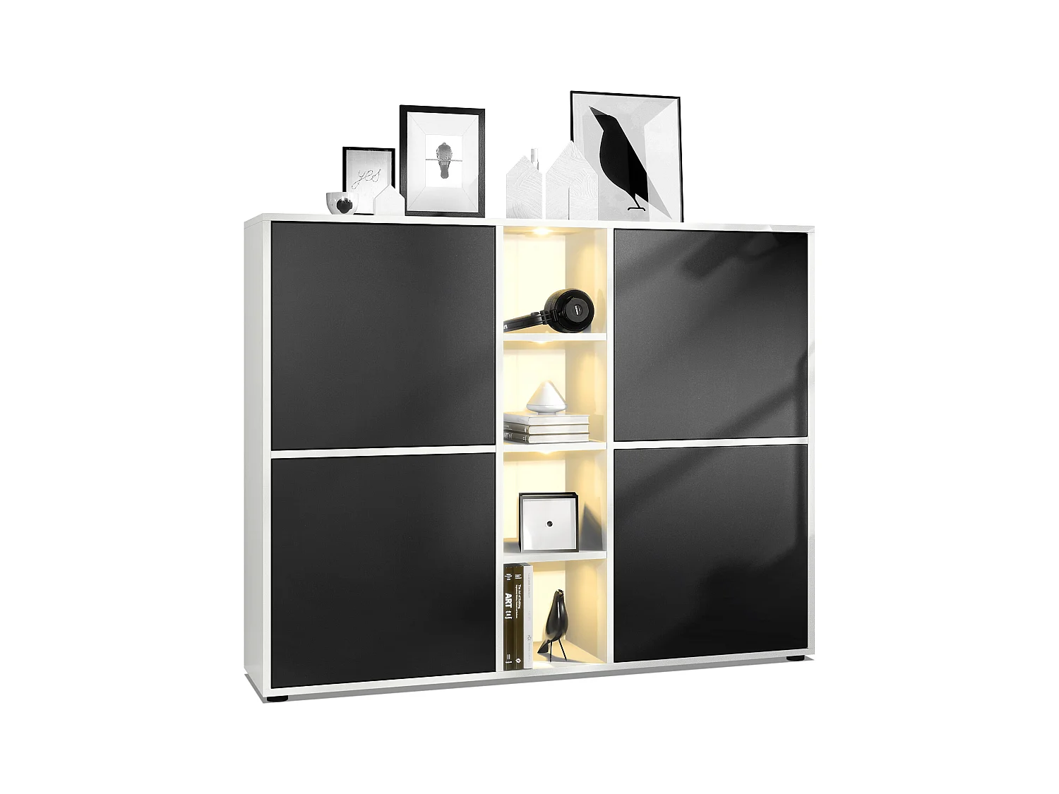Highboard Cuba V3, blanc mat/noir mat y compris LED - Buffet moderne à 12 compartiments (130,5 x 105,5 x 35,5 cm)