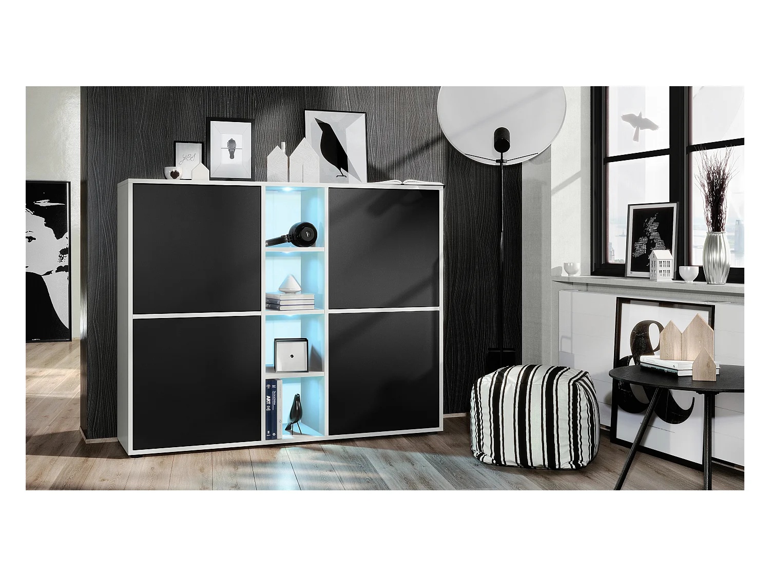 Highboard Cuba V3, blanc mat/noir mat y compris LED - Buffet moderne à 12 compartiments (130,5 x 105,5 x 35,5 cm)