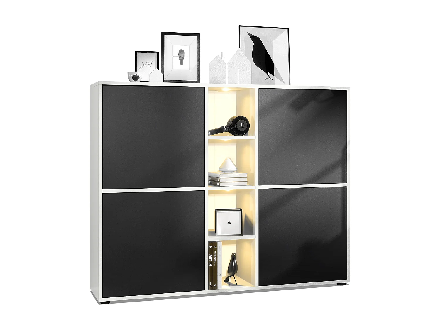 Highboard Cuba V3, blanc mat/noir mat y compris LED - Buffet moderne à 12 compartiments (130,5 x 105,5 x 35,5 cm)