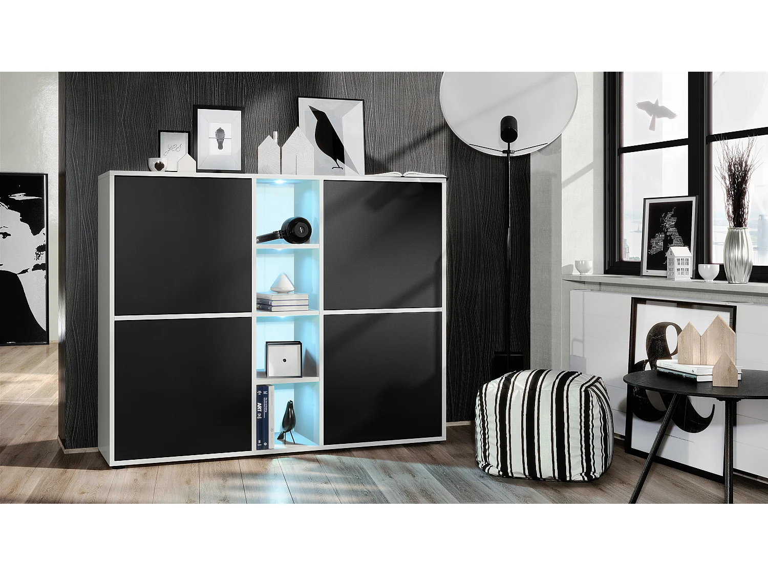 Highboard Cuba V3, blanc mat/noir mat y compris LED - Buffet moderne à 12 compartiments (130,5 x 105,5 x 35,5 cm)