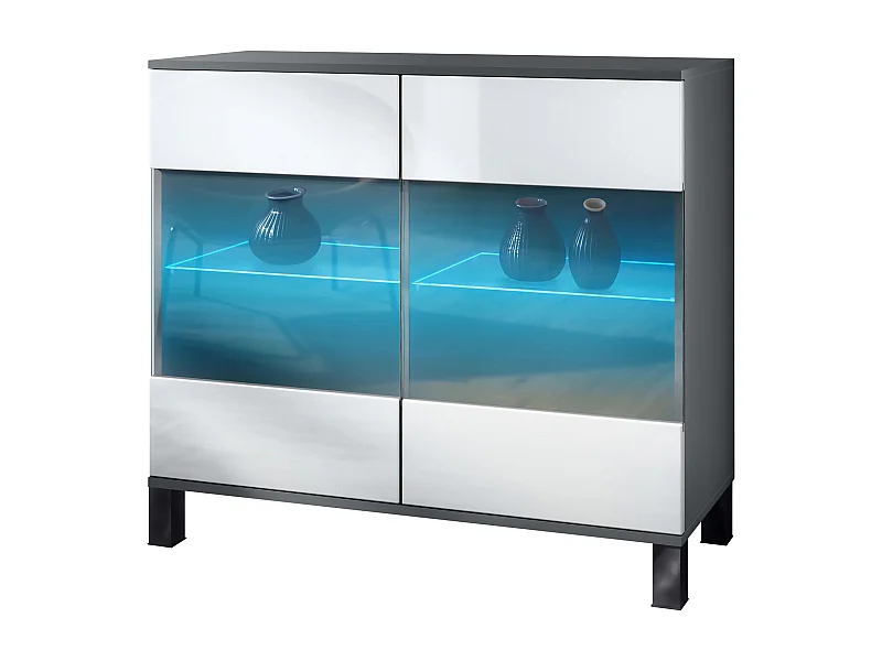 Commode Bari V3, Armoire de cuisine moderne avec 2 grandes portes vitrées incl. éclairage RGB anthracite mat / blanc haute brillance (92,5 x 84.5 x 35)