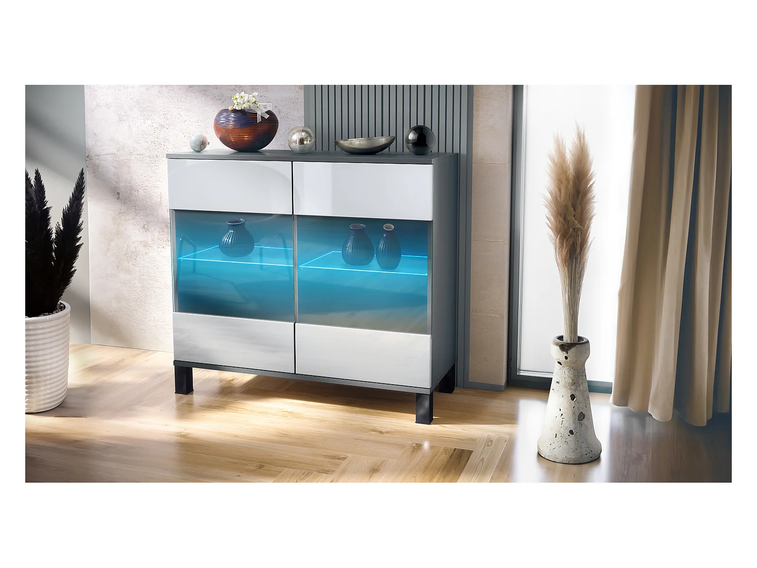 Commode Bari V3, Armoire de cuisine moderne avec 2 grandes portes vitrées incl. éclairage RGB anthracite mat / blanc haute brillance (92,5 x 84.5 x 35)