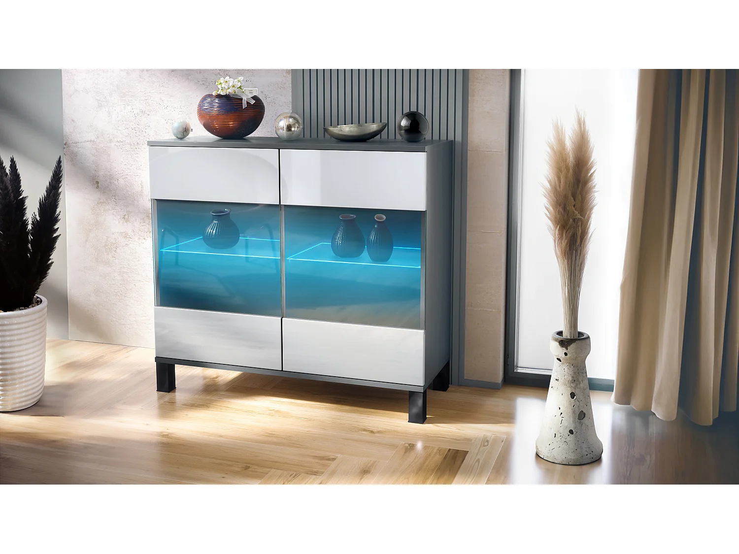 Commode Bari V3, Armoire de cuisine moderne avec 2 grandes portes vitrées incl. éclairage RGB anthracite mat / blanc haute brillance (92,5 x 84.5 x 35)