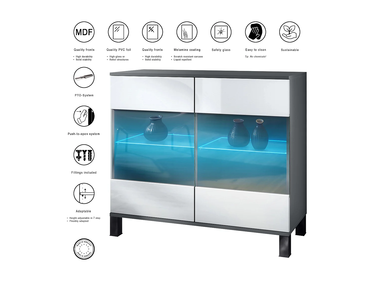 Commode Bari V3, Armoire de cuisine moderne avec 2 grandes portes vitrées incl. éclairage RGB anthracite mat / blanc haute brillance (92,5 x 84.5 x 35)