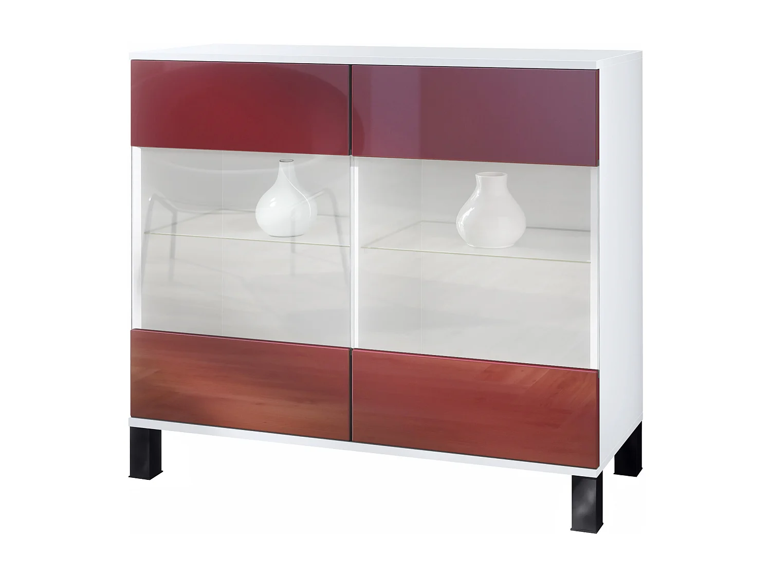 Cómoda Bari V3, Moderno armario de cocina con 2 grandes puertas de cristal blanco mate / burdeos de alto brillo (92,5 x 84.5 x 35)