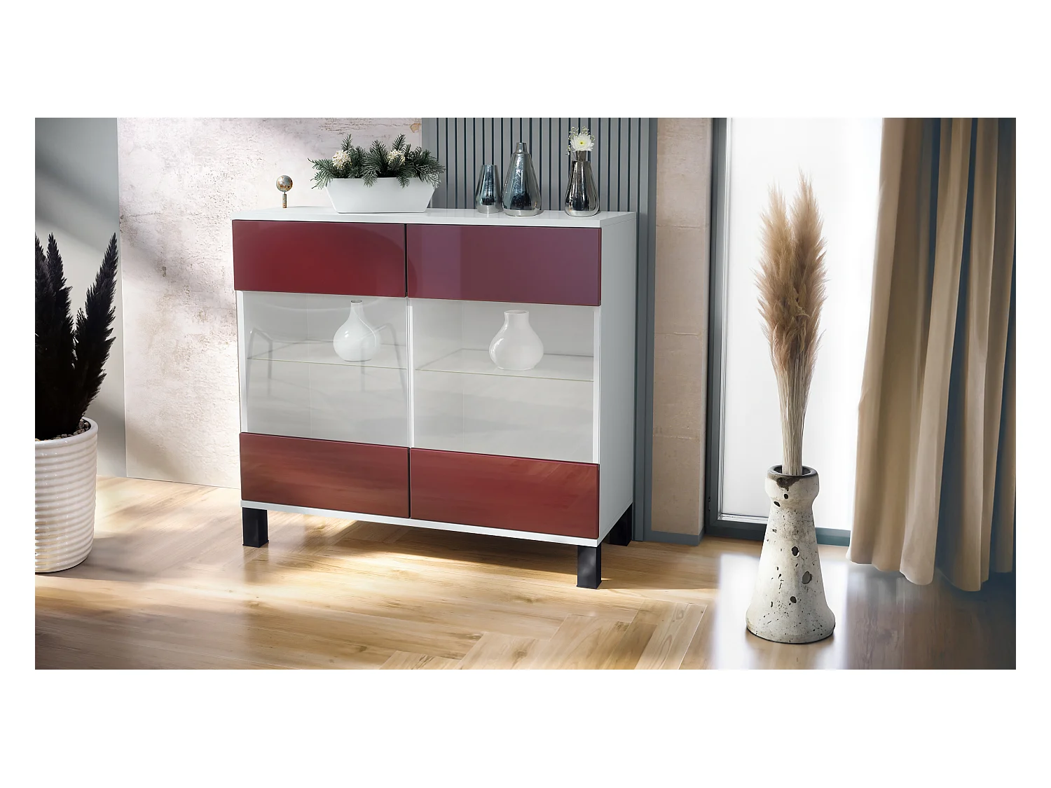 Cómoda Bari V3, Moderno armario de cocina con 2 grandes puertas de cristal blanco mate / burdeos de alto brillo (92,5 x 84.5 x 35)