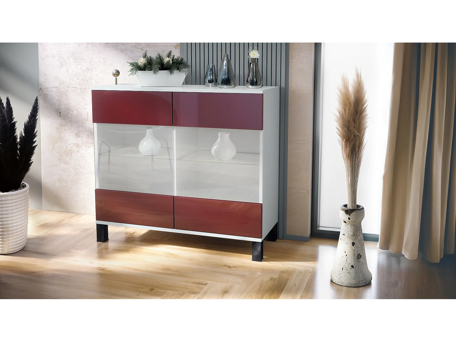 Commode Bari V3, Armoire de cuisine moderne avec 2 grandes portes vitrées blanc mat / bordeaux haute brillance (92,5 x 84.5 x 35)