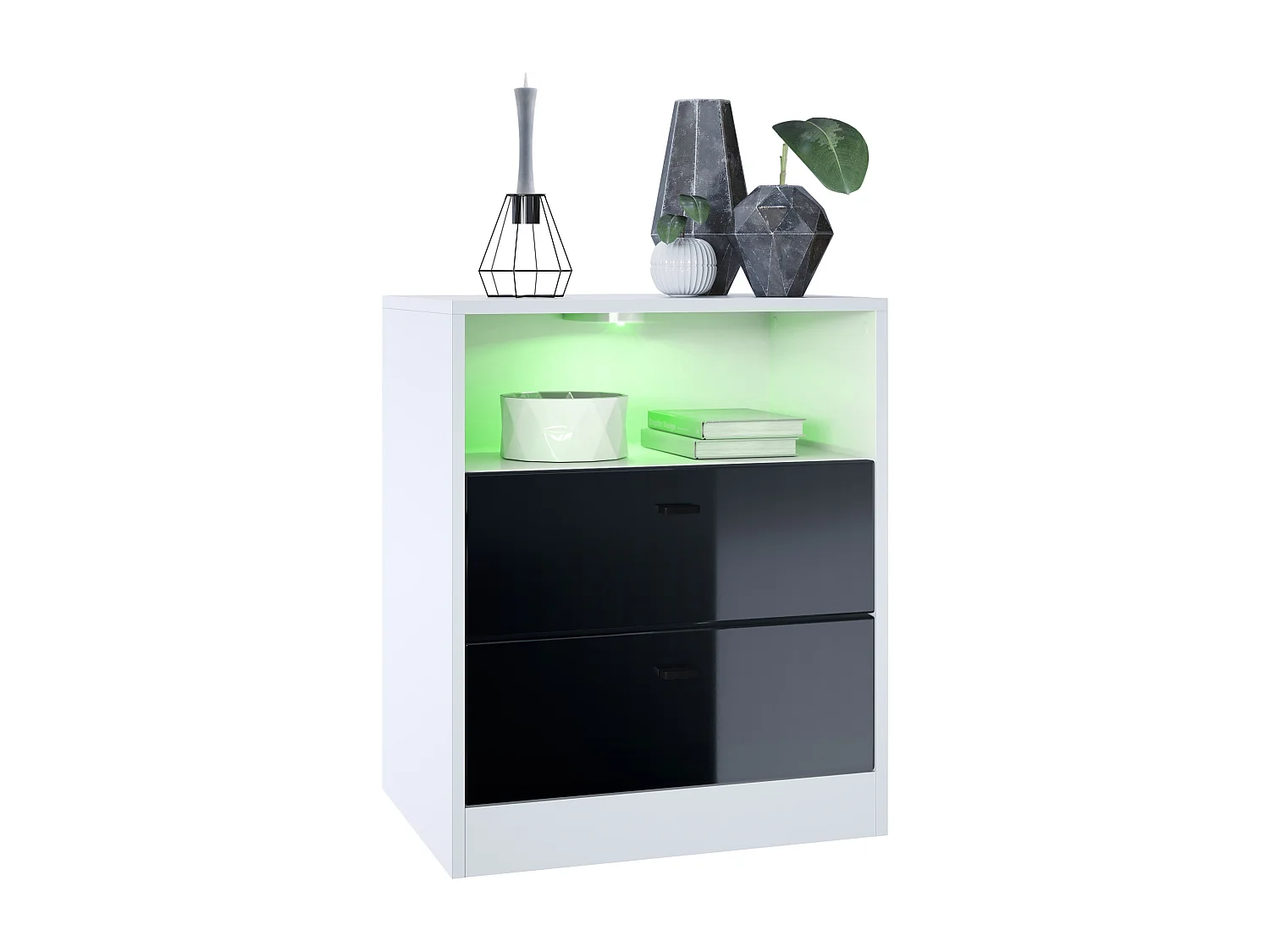 Buffet Pino V1, table de chevet avec 2 tiroirs & 1 compartiment ouvert,blanche mat/Noir haute brillance avec éclairage LED RVB (56 x 67,5 x 36 cm)
