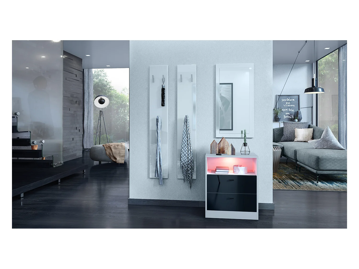 Buffet Pino V1, table de chevet avec 2 tiroirs & 1 compartiment ouvert,blanche mat/Noir haute brillance avec éclairage LED RVB (56 x 67,5 x 36 cm)