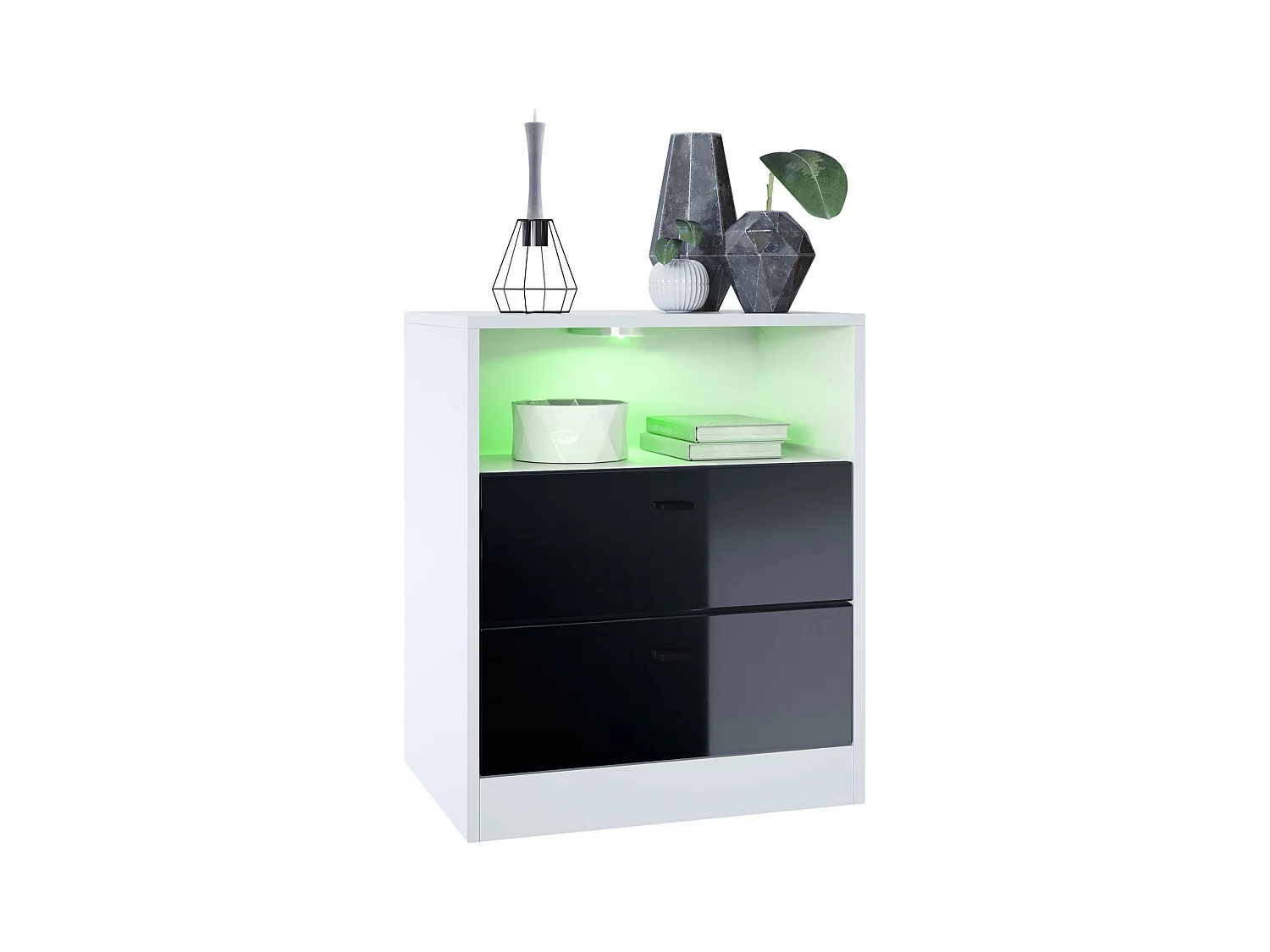 Buffet Pino V1, table de chevet avec 2 tiroirs & 1 compartiment ouvert,blanche mat/Noir haute brillance avec éclairage LED RVB (56 x 67,5 x 36 cm)