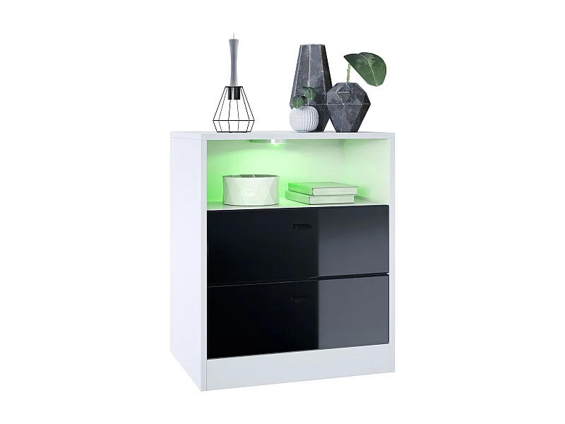 Buffet Pino V1, table de chevet avec 2 tiroirs & 1 compartiment ouvert,blanche mat/Noir haute brillance avec éclairage LED RVB (56 x 67,5 x 36 cm)