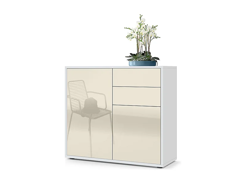 Buffet Ben, Commode avec 2 portes et 2 tiroirs, Blanc mat/Crème haute brillance (79 x 74 x 36 cm)