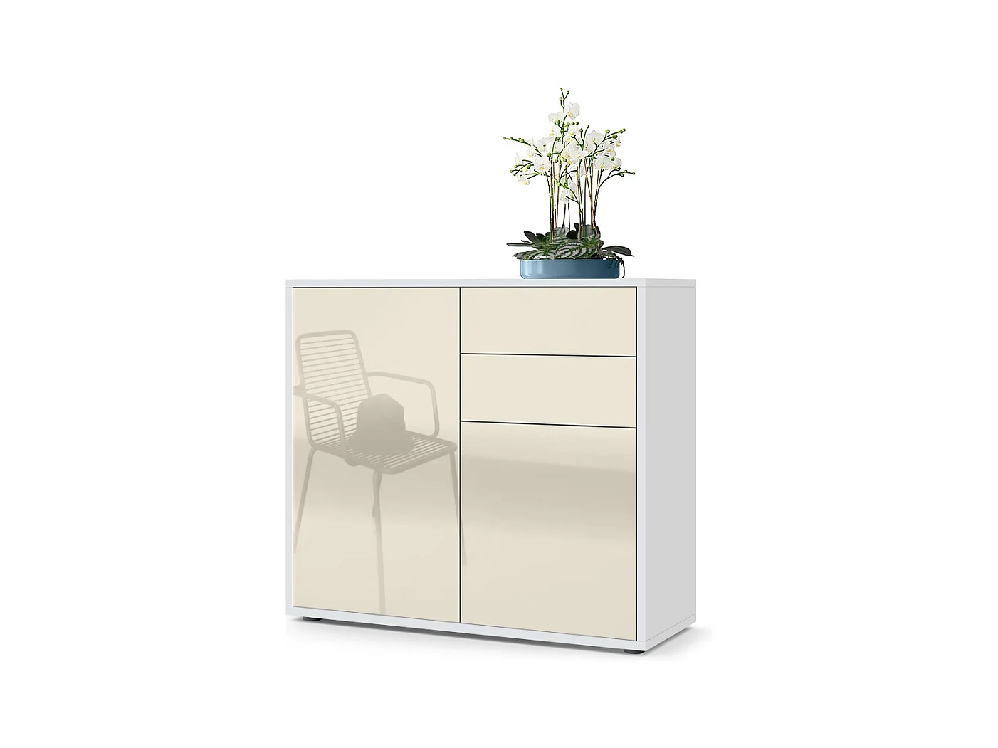Buffet Ben, Commode avec 2 portes et 2 tiroirs, Blanc mat/Crème haute brillance (79 x 74 x 36 cm)