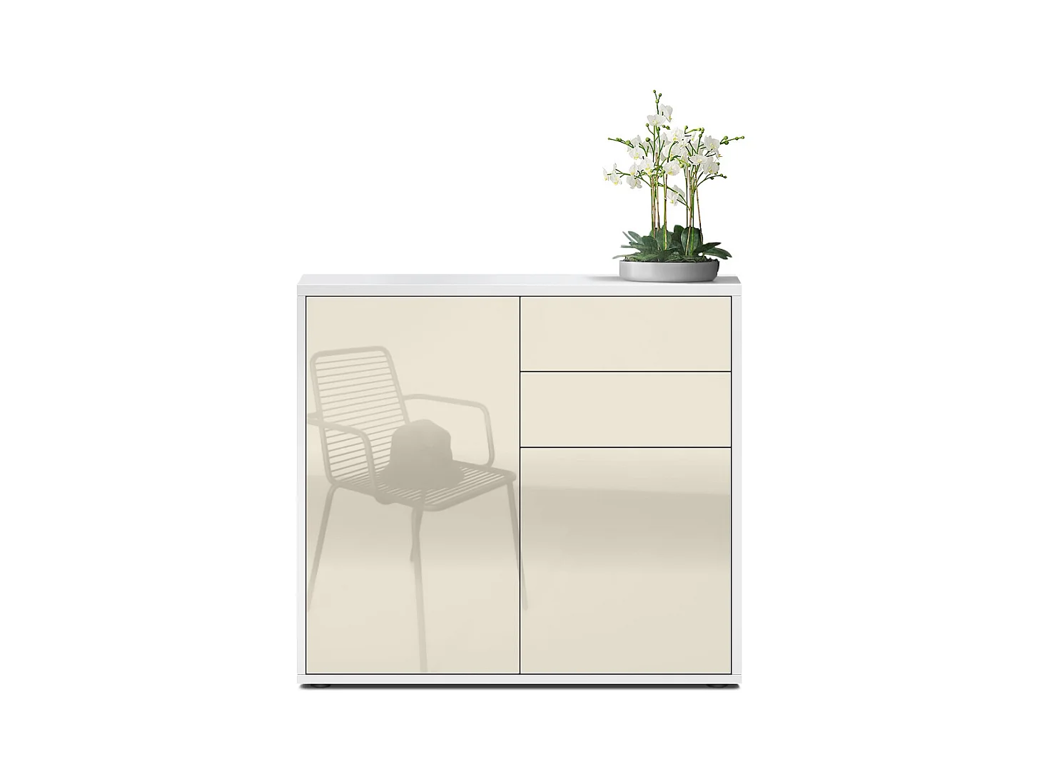 Buffet Ben, Commode avec 2 portes et 2 tiroirs, Blanc mat/Crème haute brillance (79 x 74 x 36 cm)