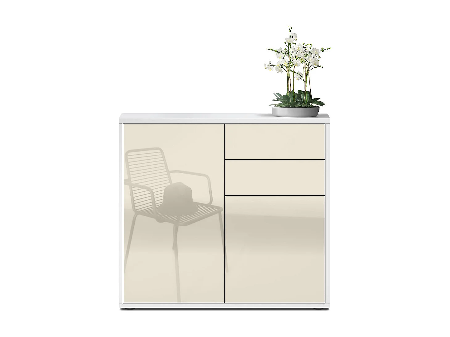 Buffet Ben, Commode avec 2 portes et 2 tiroirs, Blanc mat/Crème haute brillance (79 x 74 x 36 cm)