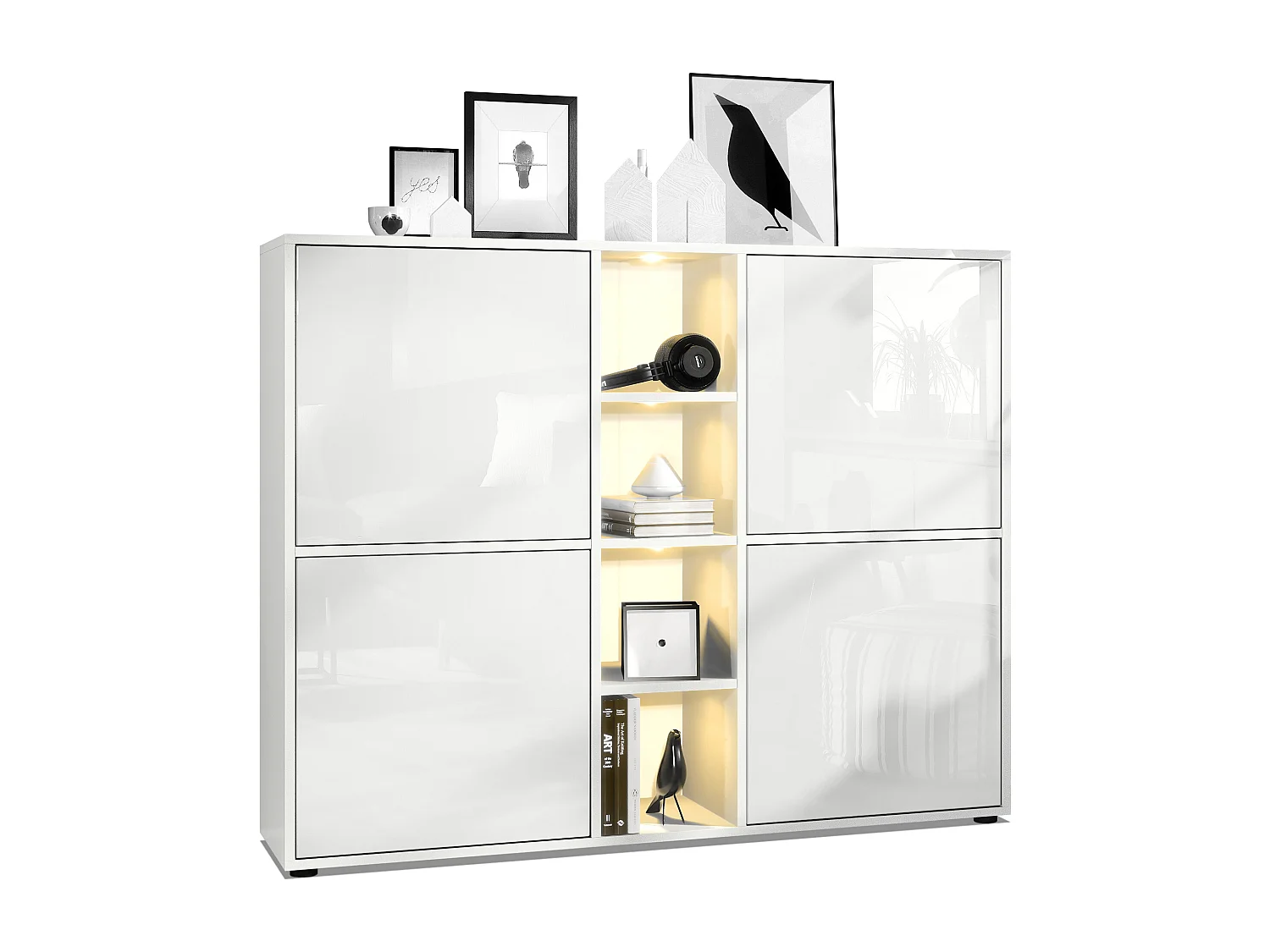 Highboard Cuba V3, blanc mat/blanc haute brillance y compris LED - Buffet moderne à 12 compartiments (130,5 x 105,5 x 35,5 cm)