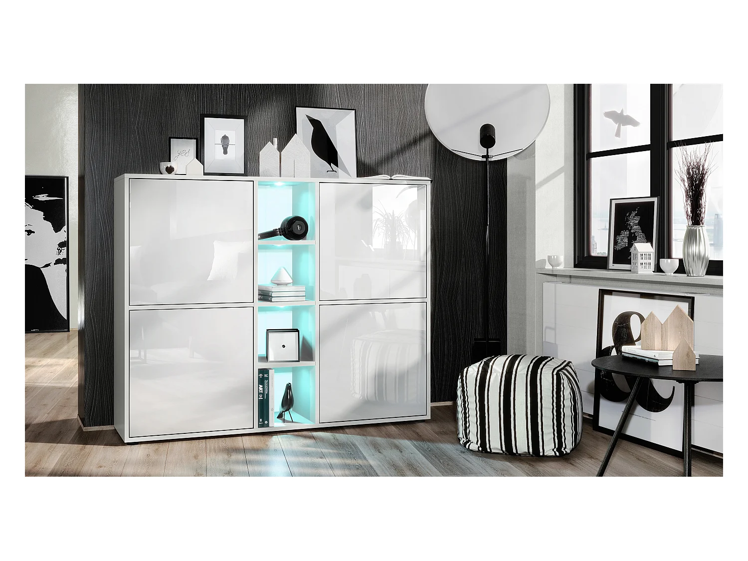 Highboard Cuba V3, blanc mat/blanc haute brillance y compris LED - Buffet moderne à 12 compartiments (130,5 x 105,5 x 35,5 cm)