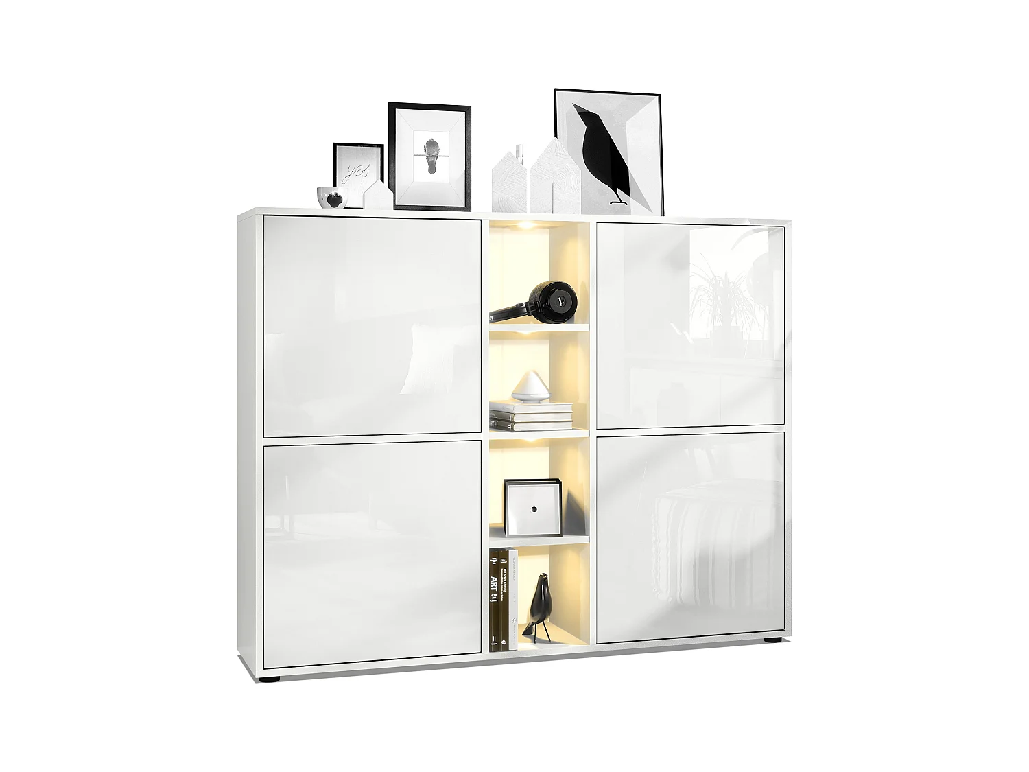 Highboard Cuba V3, blanc mat/blanc haute brillance y compris LED - Buffet moderne à 12 compartiments (130,5 x 105,5 x 35,5 cm)