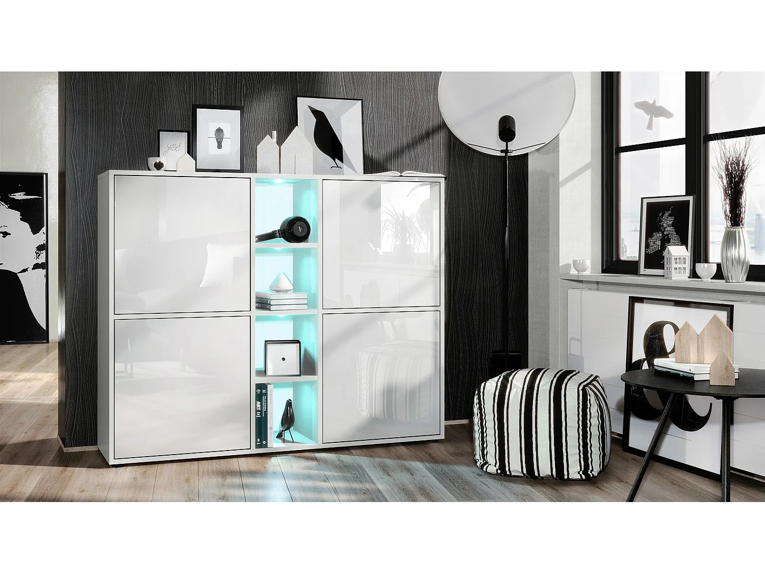 Vladon Credenza Cuba V3, bianco opaco/bianco lucido incl. LED - Credenza moderna con 12 scomparti (130,5 x 105,5 x 35,5 cm)