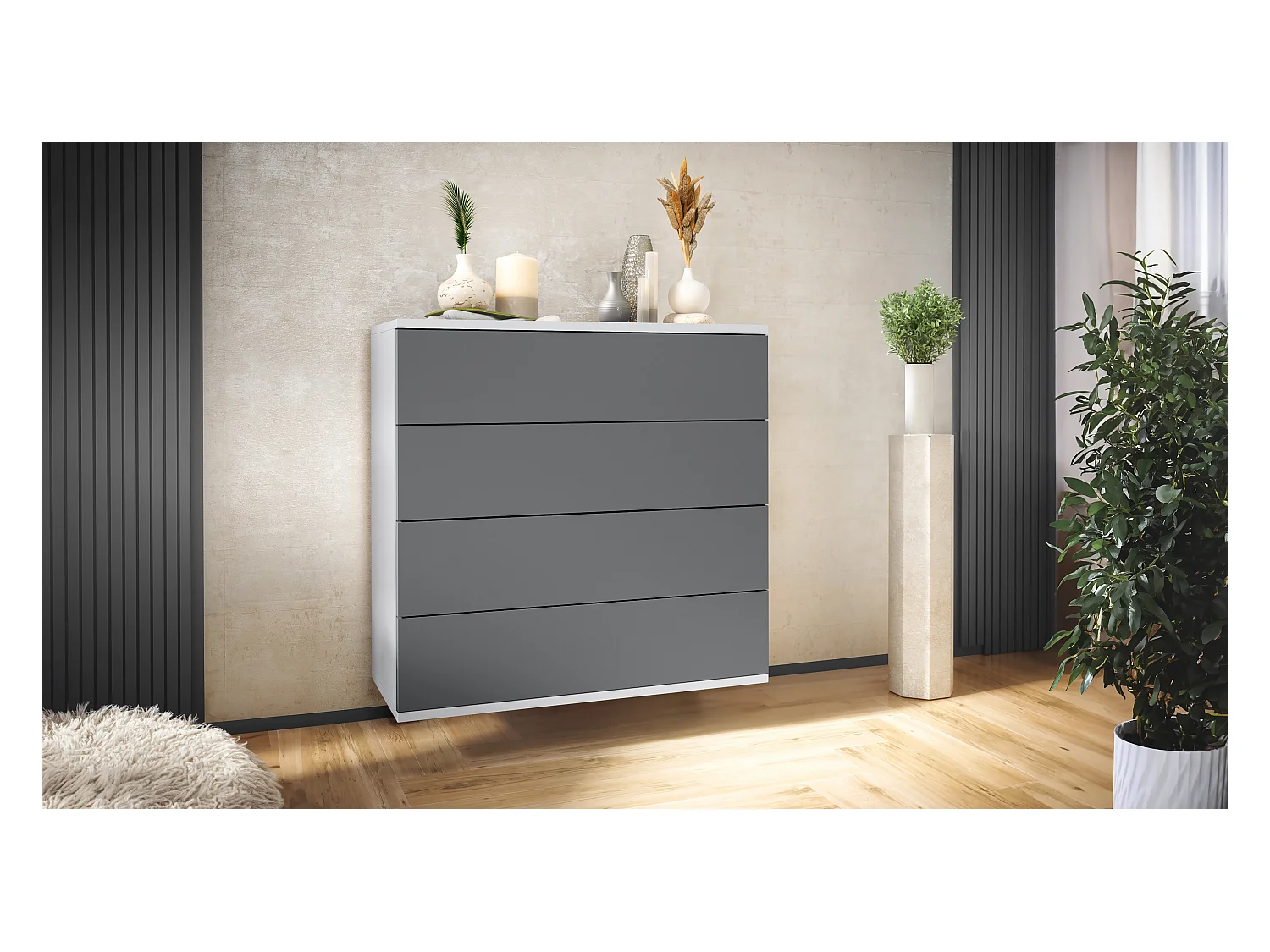 Commode suspendue Pavos V3, Buffet avec 4 tiroirs blanc mat/anthracite mat (76 x 76 x 35 cm)