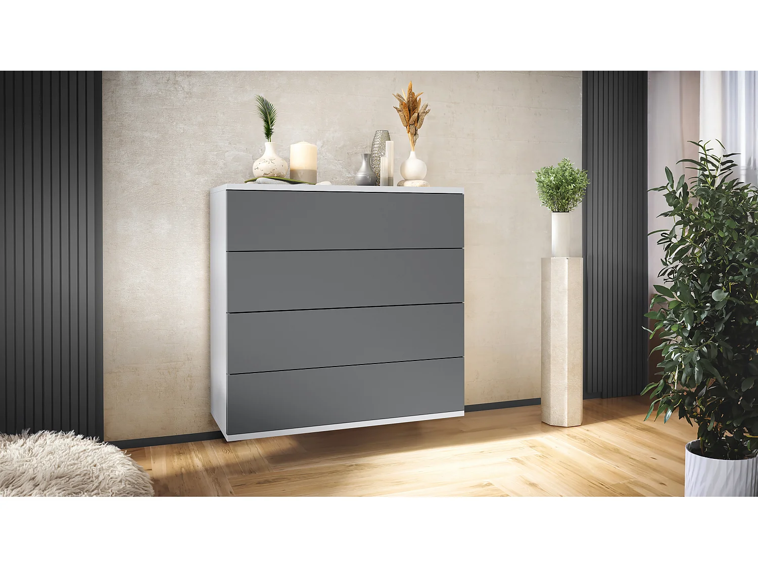 Cassettiera sospesa Pavos V3, Credenza con 4 cassetti bianco opaco/antracite opaco  (76 x 76 x 35 cm)