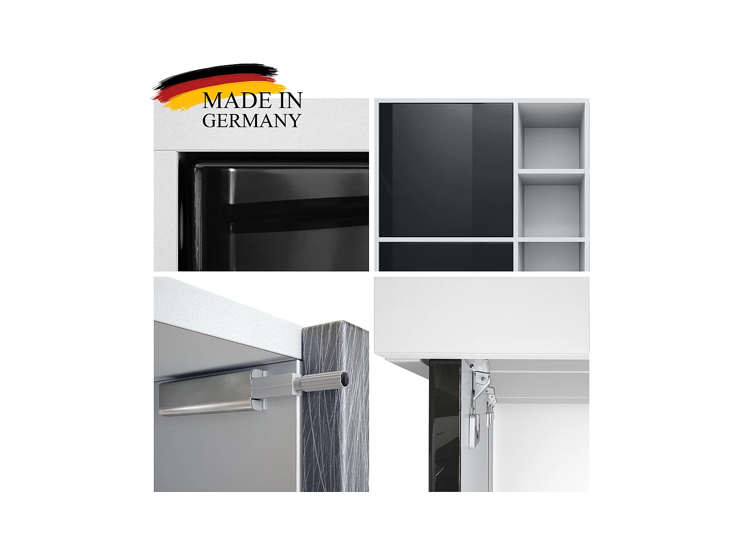 Buffet haut Cuba avec 8 compartiments, caisson en blanc mat / Façades en Aspect Béton Oxyde