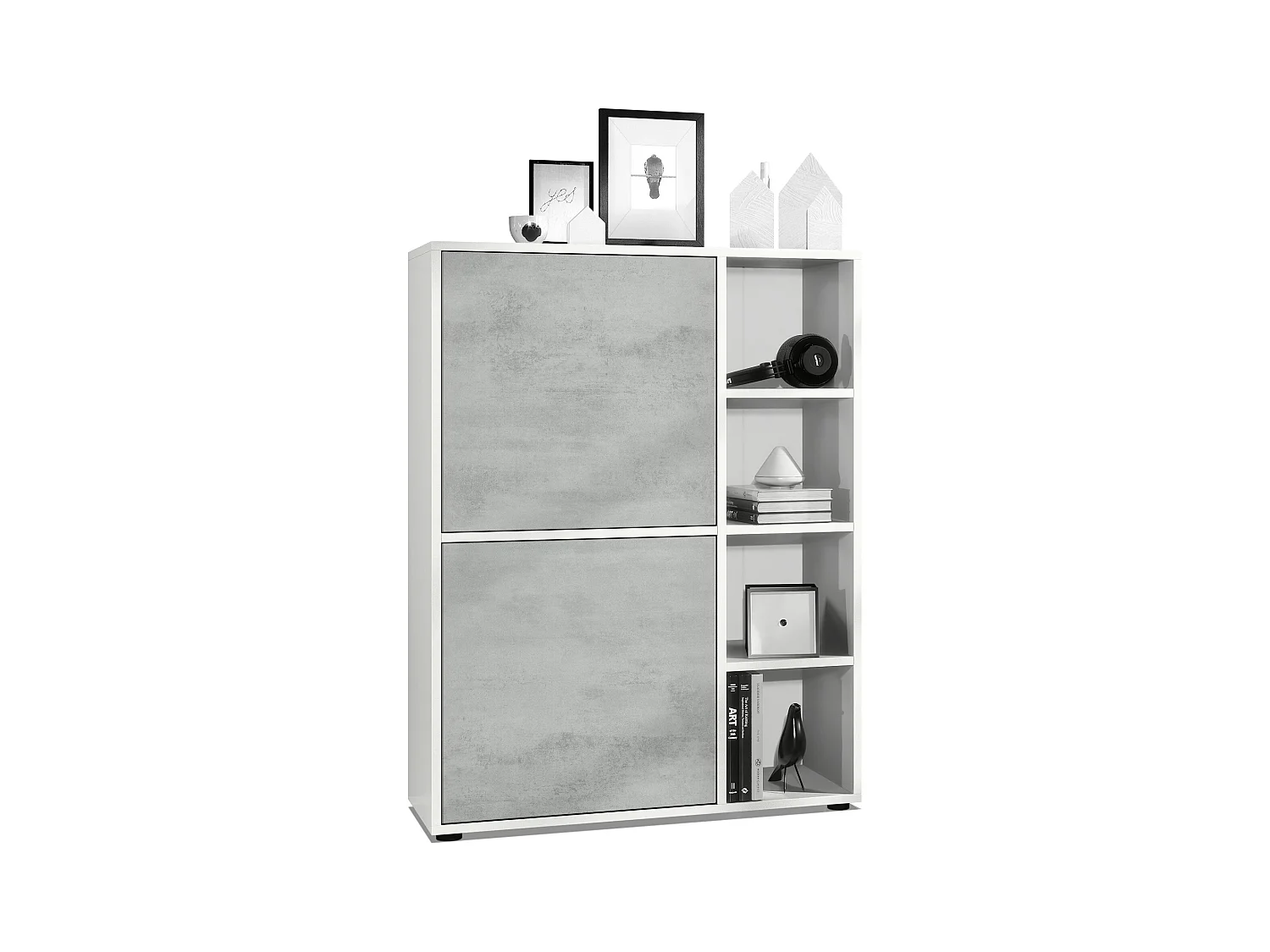 Buffet haut Cuba avec 8 compartiments, caisson en blanc mat / Façades en Aspect Béton Oxyde