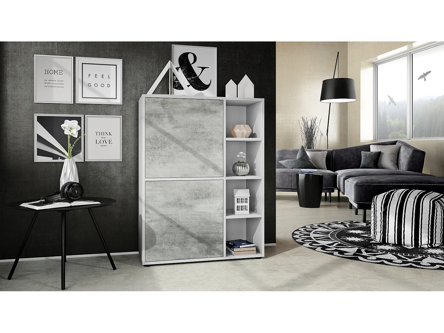 Credenza  Cuba 79 x 105,5 x 35,5 cm Credenza con 8 ripiani, struttura in bianco opaco / ante in grigio ossido cemento