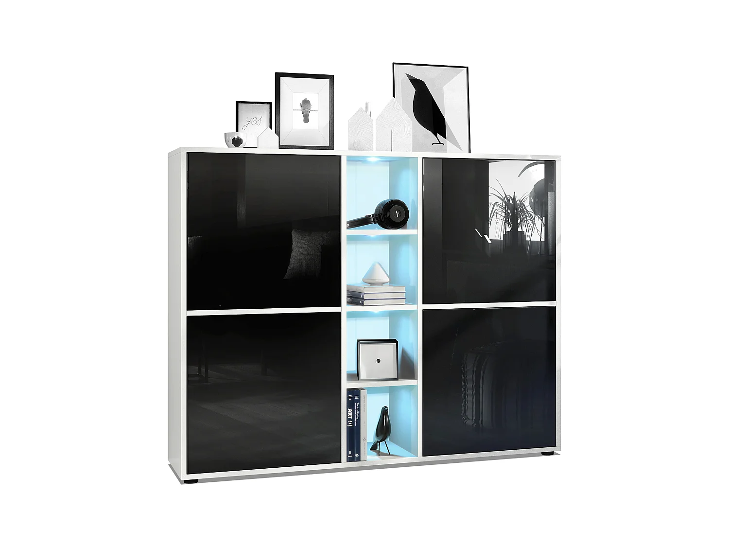 Highboard Cuba V3, blanc mat/noir haute brillance y compris LED - Buffet moderne à 12 compartiments (130,5 x 105,5 x 35,5 cm)