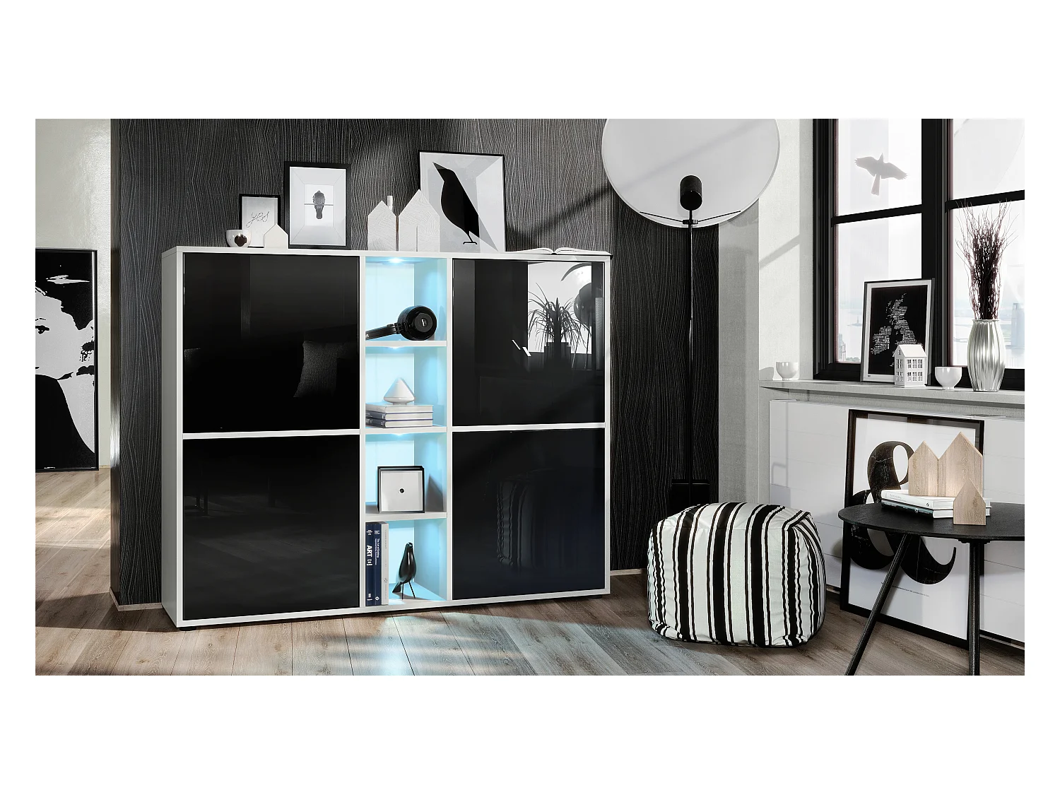 Highboard Cuba V3, blanc mat/noir haute brillance y compris LED - Buffet moderne à 12 compartiments (130,5 x 105,5 x 35,5 cm)