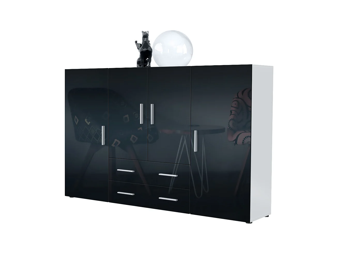 Le Buffet Haut Nora bahut avec 2 tiroirs et 4 portes avec un total de 8 compartiments derrière, blanc mat/noir haute brillance (166,5 x 106,5 x 35 cm)